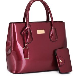 2pcs/set Minimalist Patent PU Leather Tote Bag Large Capacity Crossbody Bag with Mini Coin Bag, Bags, color:Wine Red|size:One-size, Stylewe