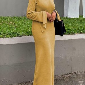 Plain Regular Fit Urban Stand Collar Dress, Maxi Dresses, color:Yellow|size:XXL, Stylewe