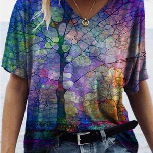 Short Sleeve V Neck Printed Casual T-shirt, T-shirts, color:Purple|size:XXL, catalog Noracora shop