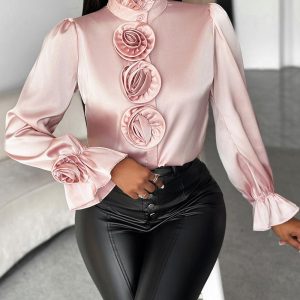 Rose Detail Frill Hem Bell Sleeve Top, Blouses & Shirts, chicme - Women's Fashion Online