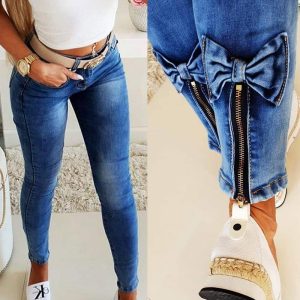Slant Pocket Bowknot Zipper Skinny Jeans, Jeans, chicme - Women's Fashion Online