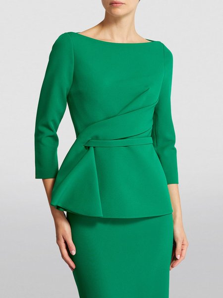 Elegant Regular Fit Boat Neck Plain Shirt, Blouses and Shirts, color:Green|size:XXL, Stylewe