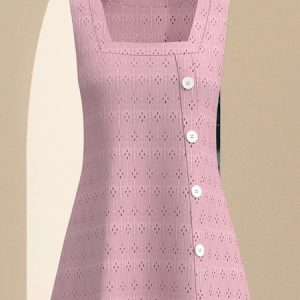 Casual Square Neck Plain Tank Top, Blouses, color:Pink|size:XXL, Noracora