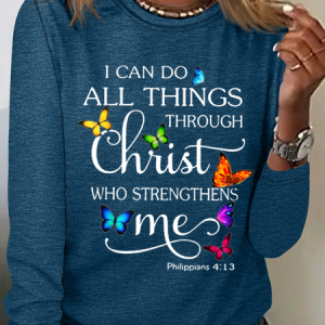 Women's Butterflies Christ Print Cotton-Blend Casual Crew Neck Long Sleeve Shirt, Long sleeves, Lilicloth.com