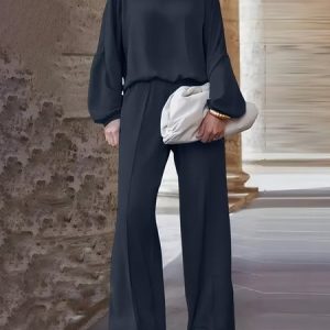 Women Plain Crew Neck Long Sleeve Comfy Casual Top With Pants Two-Piece Set, Sets, color:Deep Blue|size:5XL, Noracora