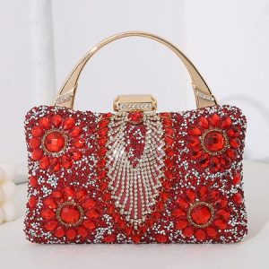 Sparkling Rhinestone Floral Clutch Bag Party Beaded Handbag, Bags, color:Red|size:One-size, Stylewe