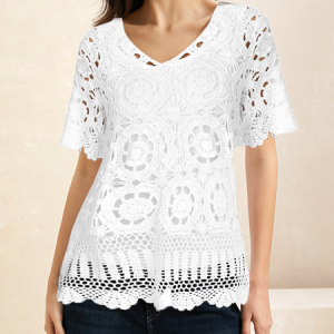 Women Casual Plain V Neck Short Sleeve Lace T-shirt, T-shirts, color:White|size:XXL, Noracora