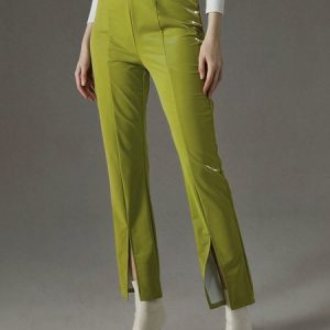 Pu Urban Plain High Waist Regular Fit  Pants, Pants, color:Green|size:XXL, Stylewe