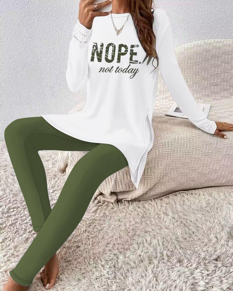 Nope Not Today Print Lace Patch Slit Top & Pants Set, Two-piece Sets, chicme - Women's Fashion Online