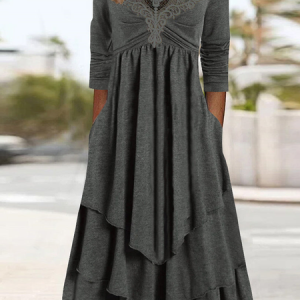 Women Plain Crew Neck Long Sleeve Comfy Casual Lace Midi Dress, Dresses, color:Gray|size:XXL, Noracora