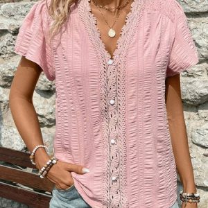 V Neck Short Sleeve Plain Lace Regular Loose Blouse For Women, Blouses, color:Pink|size:XXL, Noracora