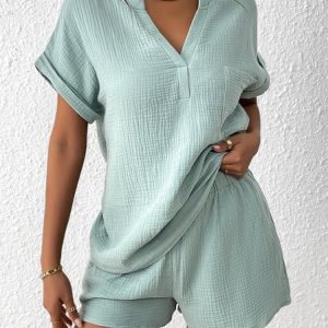 Women Plain V Neck Short Sleeve Comfy Casual Top With Pants Two-Piece Set, Sets, color:Aqua|size:XL, Noracora