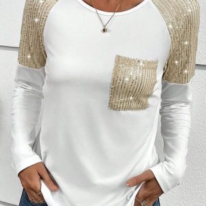 Crew Neck Long Sleeve Color Block Glitter Regular Micro-Elasticity Loose Shirt For Women, Blouses, color:White|size:XXL, Noracora