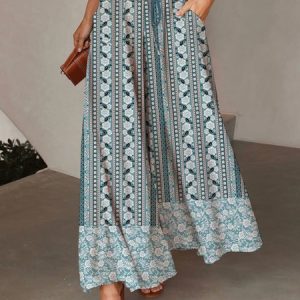 Casual Floral Long Pant, Pants, color:Green-Dark Grey|size:XXL, Noracora