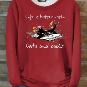 Women's Crew Neck Cat Casual Winter Cotton-Blend Long Sleeve Sweatshirt, JustFashionNow Sweatshirts & Hoodies, color:Red|size:3XL,