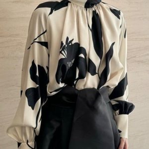 Urban Loose Floral Stand Collar Shirt, Blouses and Shirts, color:Black-white|size:XXL, Stylewe