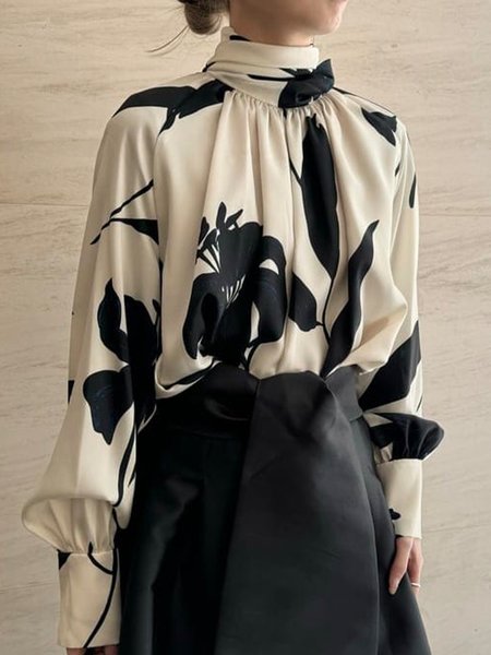 Urban Loose Floral Stand Collar Shirt, Blouses and Shirts, color:Black-white|size:XXL, Stylewe