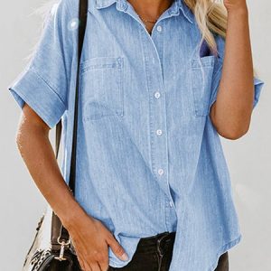 Shirt Collar Short Sleeve Plain Regular Loose Blouse For Women, Blouses, color:Sky Blue|size:XL, Noracora