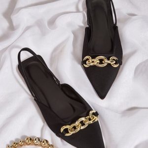 Metal Chain Decor Flat Heel Slingback Shoes, Heels, color:Black|size:40, Stylewe