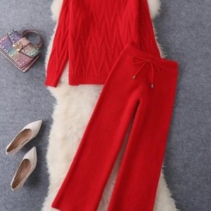 Women Plain Stand Collar Long Sleeve Comfy Casual Top With Pants Two-Piece Set, Sets, color:Red|size:3XL, Noracora