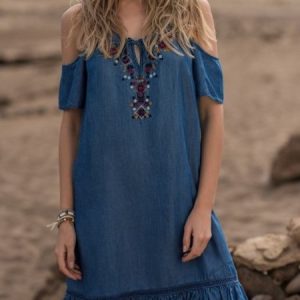 Vintage Printed Short Sleeve  Off Shoulder Cold Shoulder Dress, Short, color:Blue|size:3XL, catalog Noracora shop
