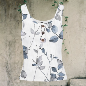 Casual Crew Neck Floral Tank Top Buckle, Tanks & Camis, color:White|size:XXL, Noracora