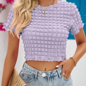 Crew Neck Short Sleeve Plain Regular Regular Fit Shirt For Women, Blouses, color:Purple|size:XL, Noracora