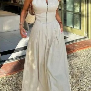Crew Neck Plain Vacation Sleeveless Maxi Dress, Maxi Dresses, color:As Picture|size:XXL, Stylewe