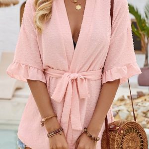 Women's Plain Regular Loose Kimono, Blouses, color:Pink|size:XL, Noracora