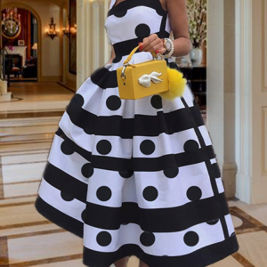 Polka Dots Sleeveless Square Neck Regular Fit Elegant Midi Party Dress, Midi Dresses, color:Black-white|size:XXL, Stylewe