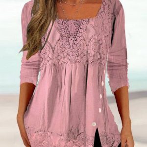 Regular Fit Casual Square Neck Plain Top, Blouses, color:Pink|size:XS, Noracora