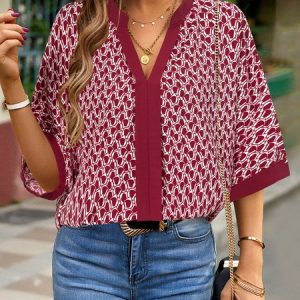 V Neck Short Sleeve Geometric Regular Loose Shirt For Women, Blouses, color:Red|size:XL, Noracora