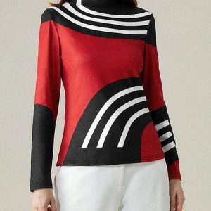 Long Sleeve Urban Geometric Turtleneck T-Shirt, Tops, color:Red|size:XXL, Stylewe