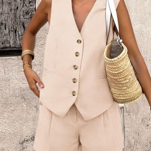 Women Plain V Neck Sleeveless Comfy Casual Top With Pants Two-Piece Set, Sets, color:Khaki|size:XXL, Noracora