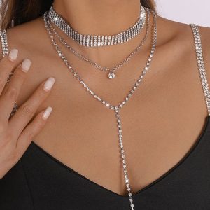 1 Set Multi-Layered Rhinestone Tassel Y-Shape Necklace, Necklaces, color:Silver|size:One-size, Stylewe