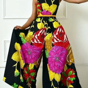 Floral Regular Fit Vacation Jumpsuit, Jumpsuits, color:As Picture|size:XXL, Stylewe