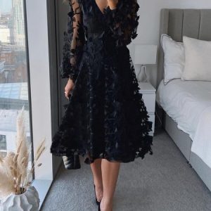 Plain V Neck Elegant Long Sleeve Regular Fit Midi Dress, Midi Dresses, color:Black|size:XXL, Stylewe