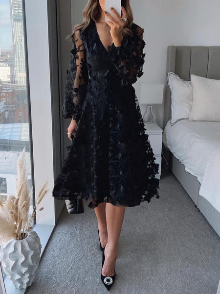 Plain V Neck Elegant Long Sleeve Regular Fit Midi Dress, Midi Dresses, color:Black|size:XXL, Stylewe