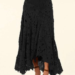 Women's Boho Lace H-Line Natural Loose Maxi Skirt, Skirts, color:Black|size:XXL, Noracora