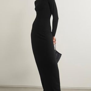 Urban Turtleneck Plain Long Sleeve Maxi Dress With No Belt, Maxi Dresses, color:Black|size:XXL, Stylewe