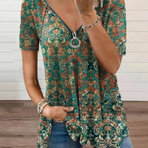 Paisley Short Sleeve  Printed  Cotton-blend V neck  Holiday Summer Green Top, T-shirts, color:Green|size:3XL, catalog Noracora shop