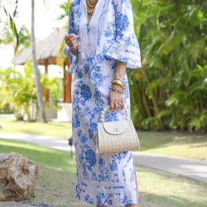 Plus Size Stand Collar Vacation Floral Midi Dress With No Belt, Plus Dresses, color:Blue|size:4X, Stylewe