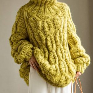 Casual Loose Plain Turtleneck Long Sleeve Sweater, Pullovers, color:Yellow|size:XXL, Stylewe