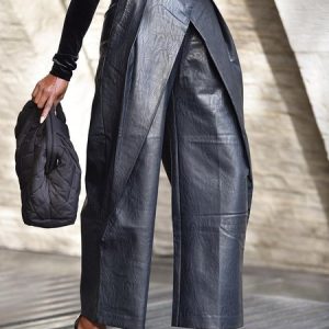 Plain Urban Regular Fit Faux Leather Pants, Pants, color:Black|size:XXL, Stylewe