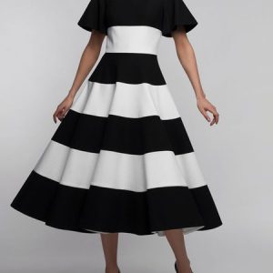 Crew Neck Regular Fit Striped Elegant Dress, Midi Dresses, color:Black-white|size:XXL, Stylewe