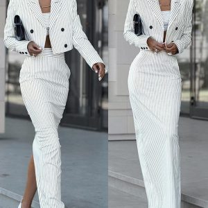 Striped Blazer Coat & Slit Skirt Set, Two-piece Sets, chicme - Women's Fashion Online
