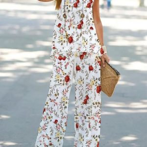 Women Floral Crew Neck Sleeveless Comfy Casual Top With Pants Two-Piece Set, Sets, color:White|size:XXL, Noracora