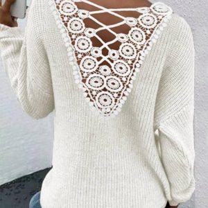 V-Neck Contrast Lace Criss Cross Knit Sweater, Sweaters & Cardigans, chicme - Women's Fashion Online