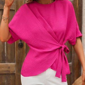 Crew Neck Short Sleeve Plain Regular Loose Shirt For Women, Blouses, color:Rose Red|size:XXL, Noracora