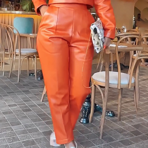 Plus Size Urban Regular Fit Leather PU Long Pants, Leather Pants, color:Orange|size:4X, Stylewe